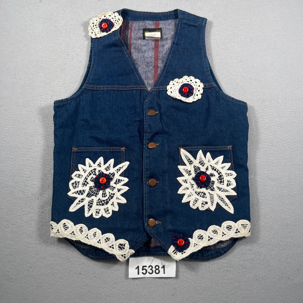 Vintage Wrangler Denim Vest Womens S Blue Good Lace Applique Made in USA